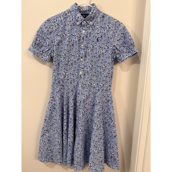 Ralph Lauren Blue Floral Girls Size 16 Poplin Shirt Dress - Picture 1 of 11